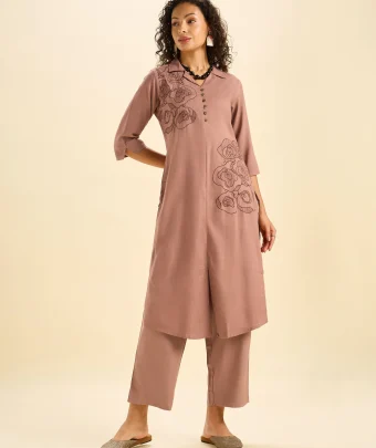 Light Brown Viscose Plain Slitted Kurti With Embroidery