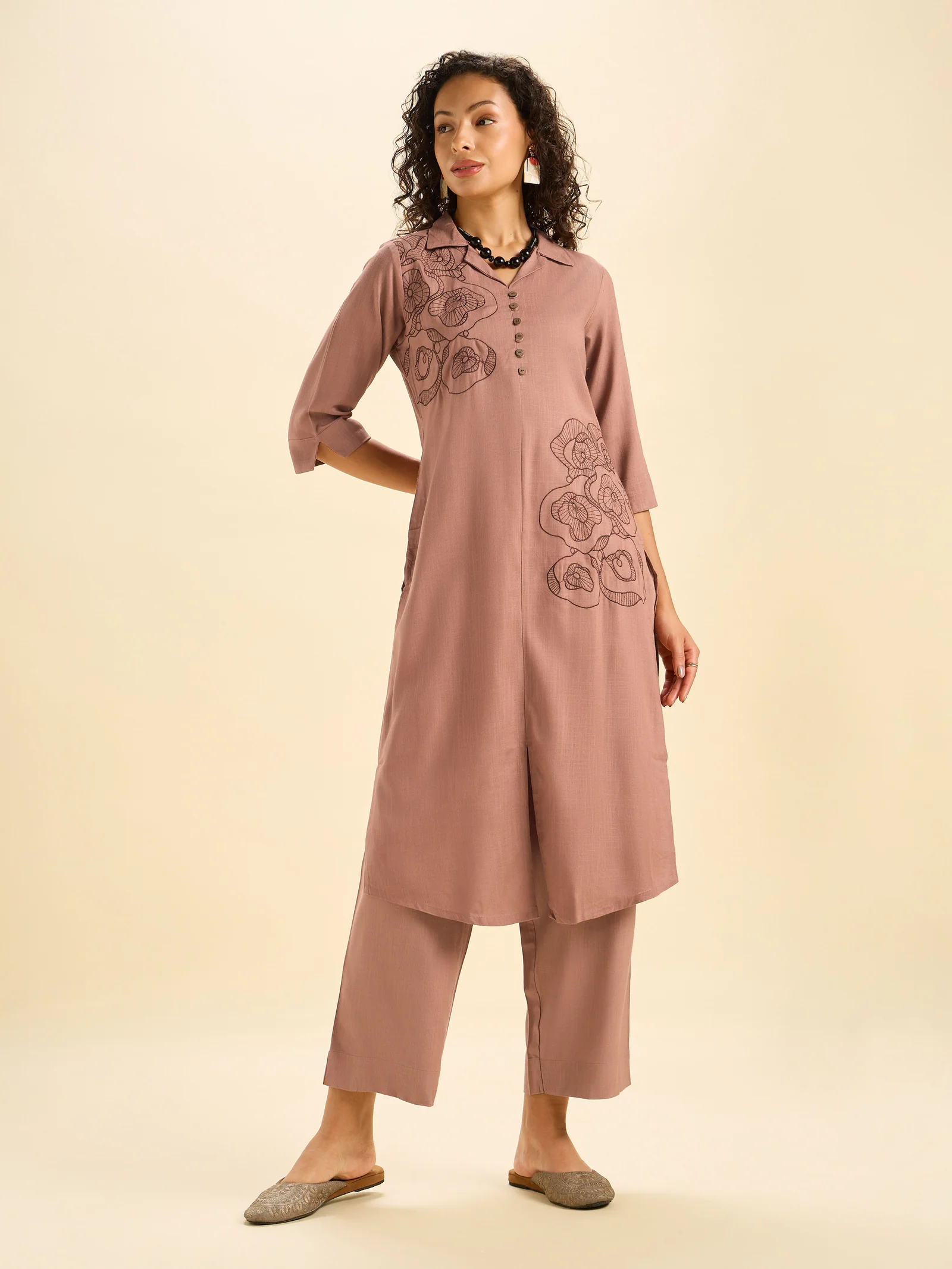 Light Brown Viscose Plain Slitted Kurti With Embroidery