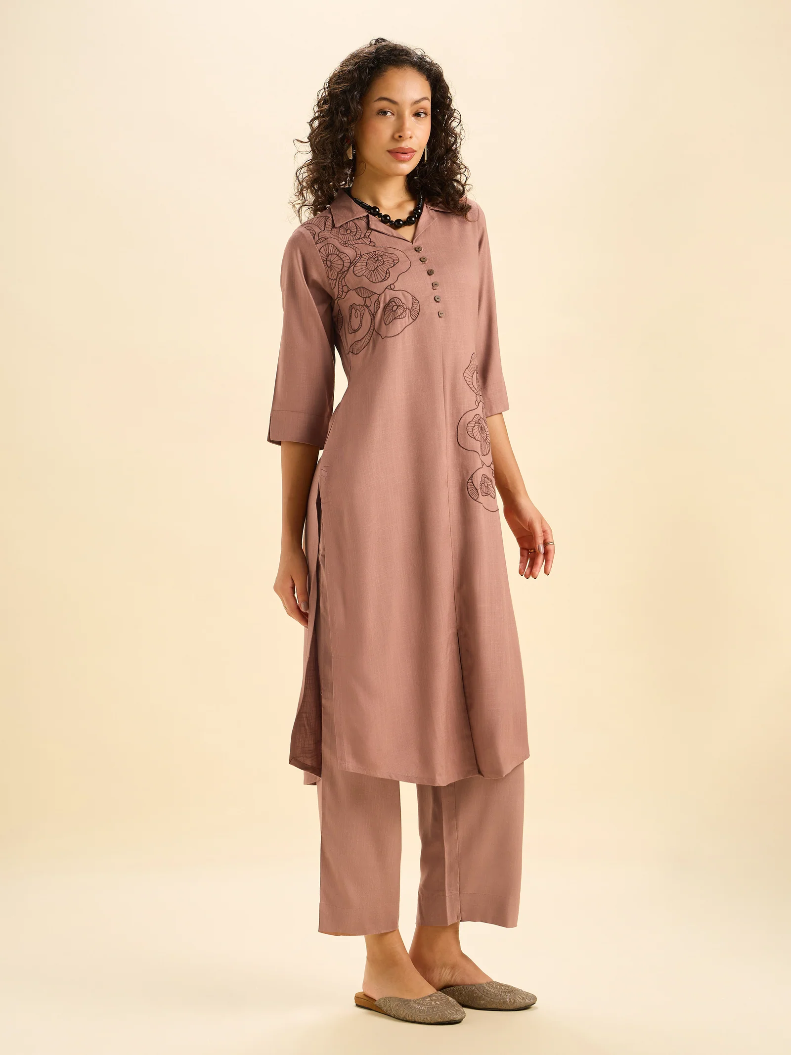 Light Brown Viscose Plain Slitted Kurti With Embroidery - Image 2