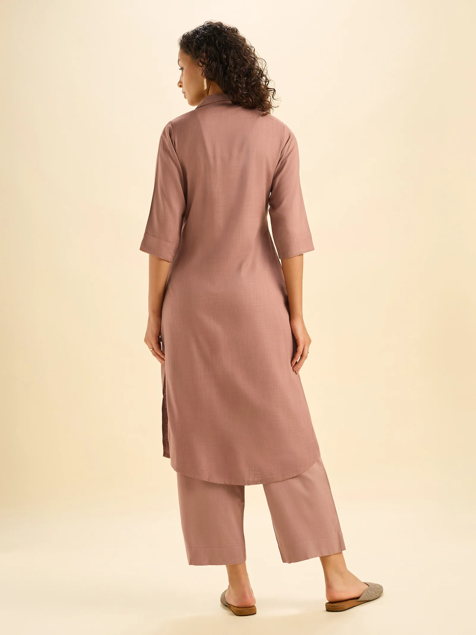 Light Brown Viscose Plain Slitted Kurti With Embroidery - Image 4