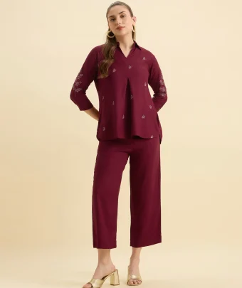Maroon Viscose Linen Plain Tunic Set With Embroidery And Box Pleat