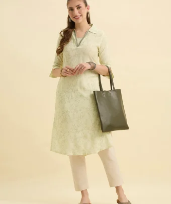 Pale Yellow Viscose Printed Kurti With Embroidery