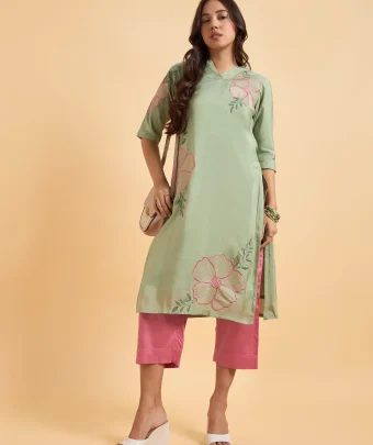 Pista Green Poly Viscose Shimmer Kurti Set With Zari Embroidery And Hand Work