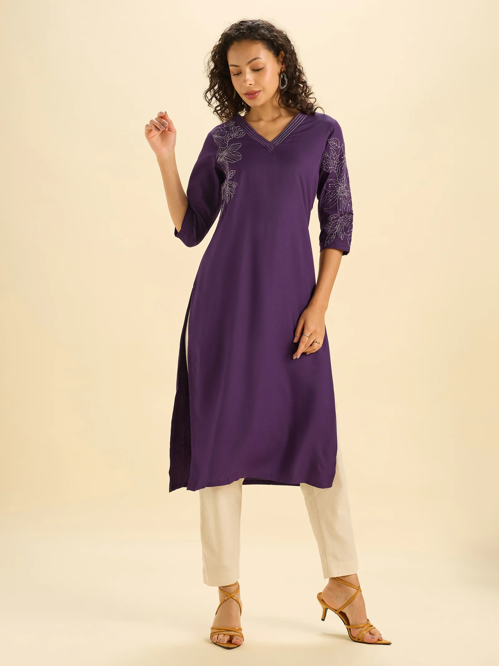 Purple Viscose Blend Slitted Kurti With Embroidery And Sequins