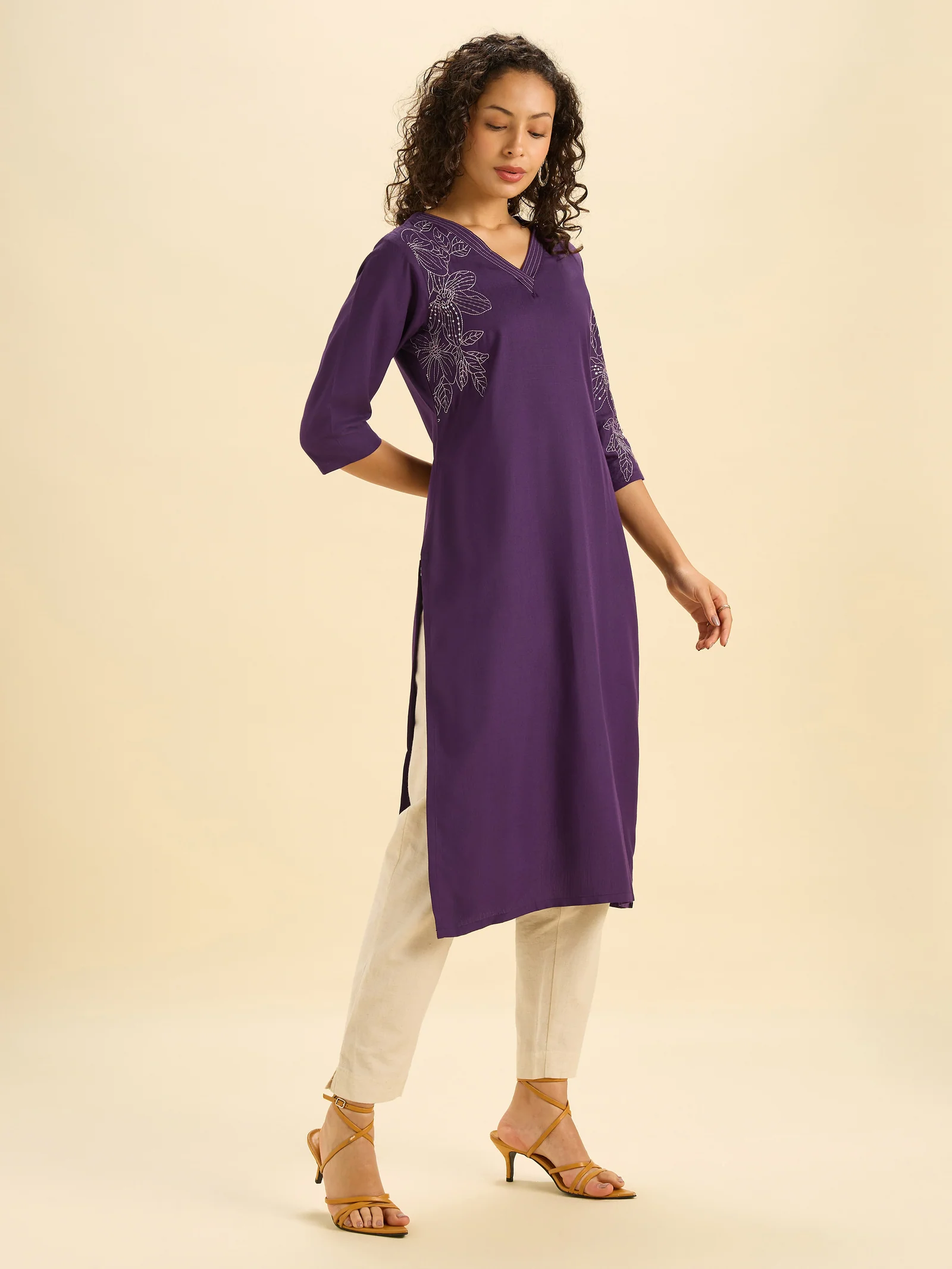 Purple Viscose Blend Slitted Kurti With Embroidery And Sequins - Image 2