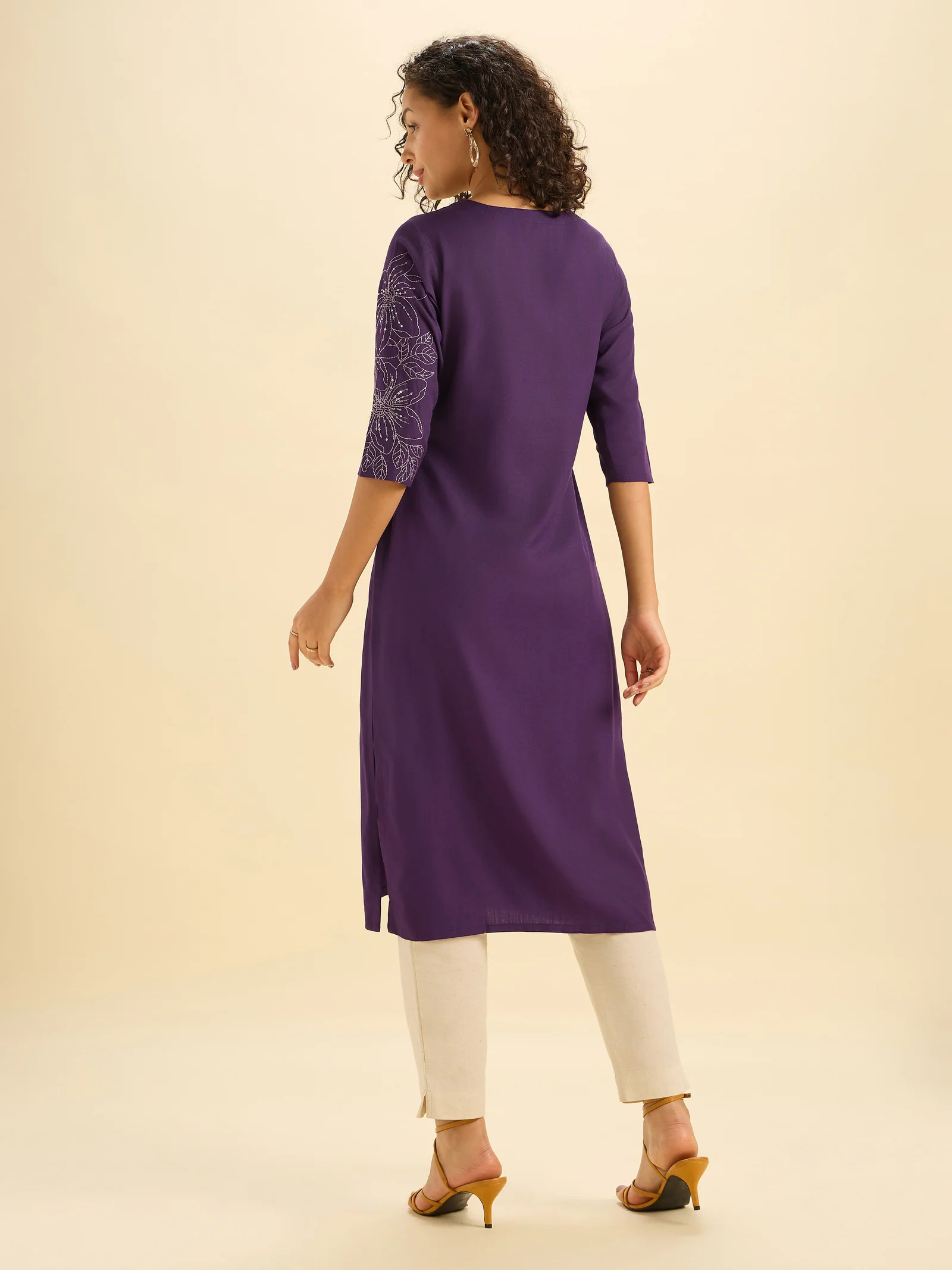 Purple Viscose Blend Slitted Kurti With Embroidery And Sequins - Image 3