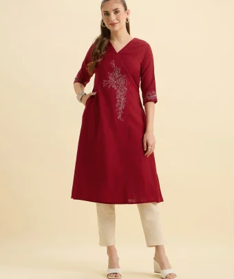 Red Cotton Viscose Angrakha Kurta With Sequence Embroidery