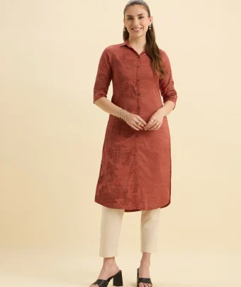 Rust Orange Cotton Viscose Slitted Kurti With Embroidery And Curved Hemline