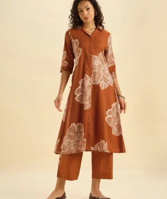 Rust Orange Pure Cotton Printed Flared Kurti Set