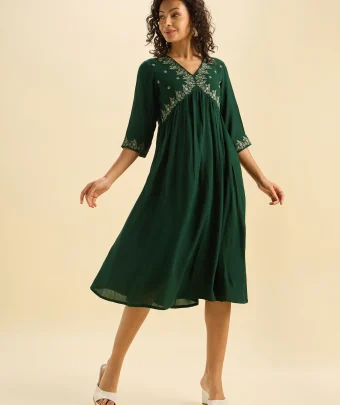 Bottle Green Wrinkle Viscose Plain Flared Kurti With Mirror Work Embroidery