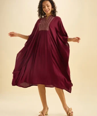 Maroon Wrinkle Viscose Plain Kaftan With Embroidery