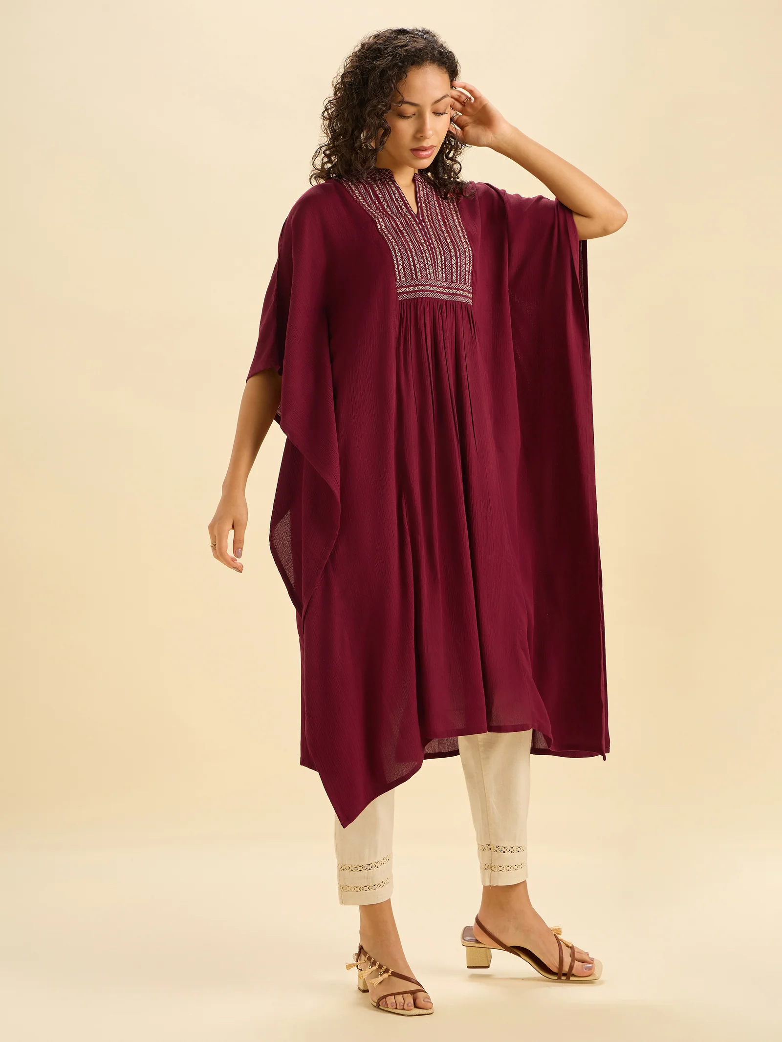 Maroon Wrinkle Viscose Plain Kaftan With Embroidery - Image 4